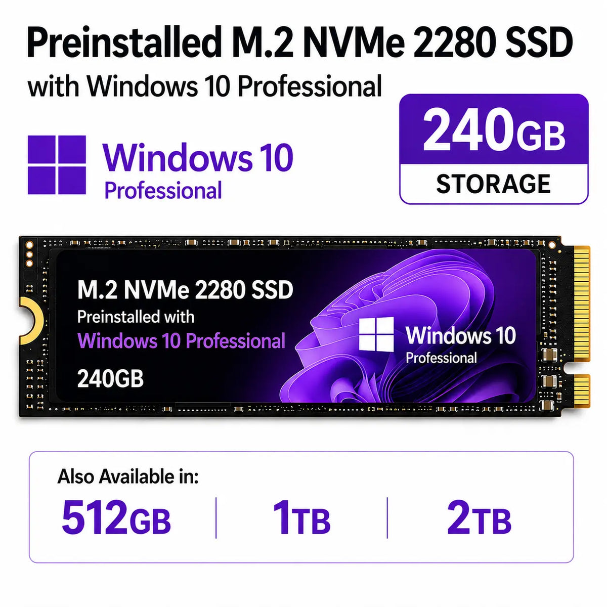 Windows 10 Professional Preinstalled 2280 M.2 SSD Drive 240GB/512GB/1TB/2TB Main image